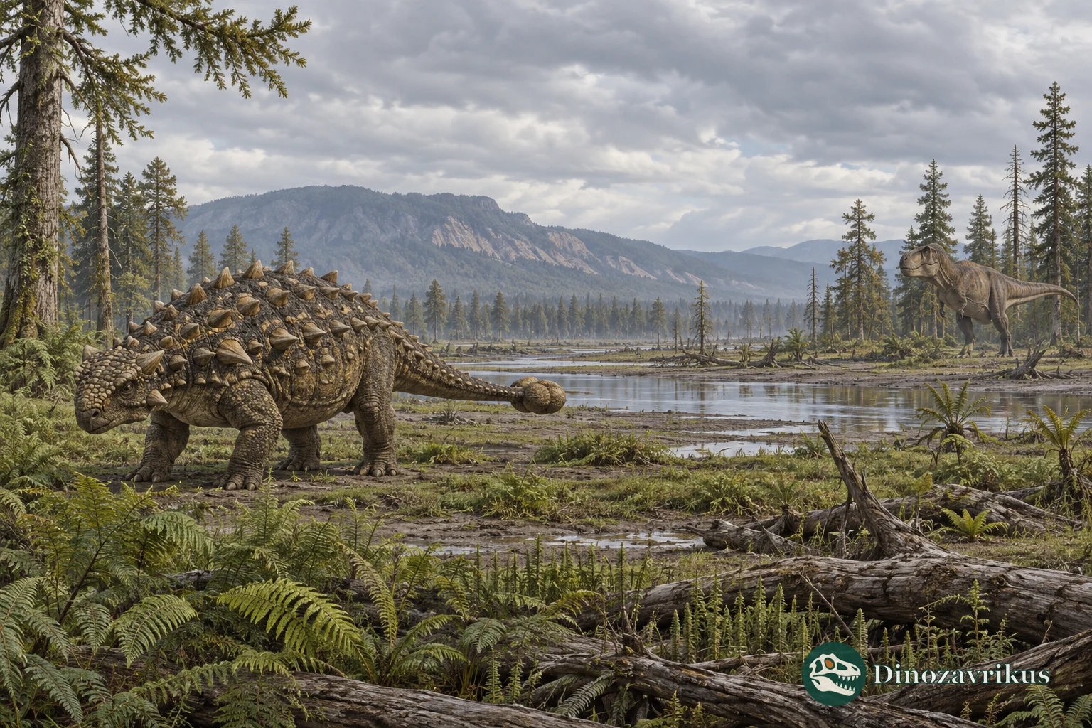 An ankylosaur and a tyrannosaur in a Late Cretaceous landscape, shown apart rather than in a documented encounter