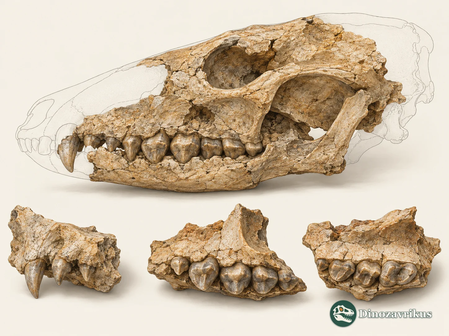 Schematic plate showing a near-complete Didelphodon skull and separate upper-jaw fragments