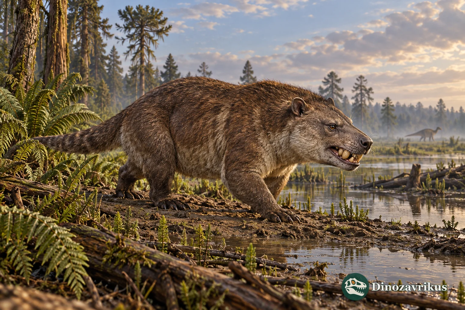 Artistic reconstruction of Didelphodon beside a Late Cretaceous stream in western North America