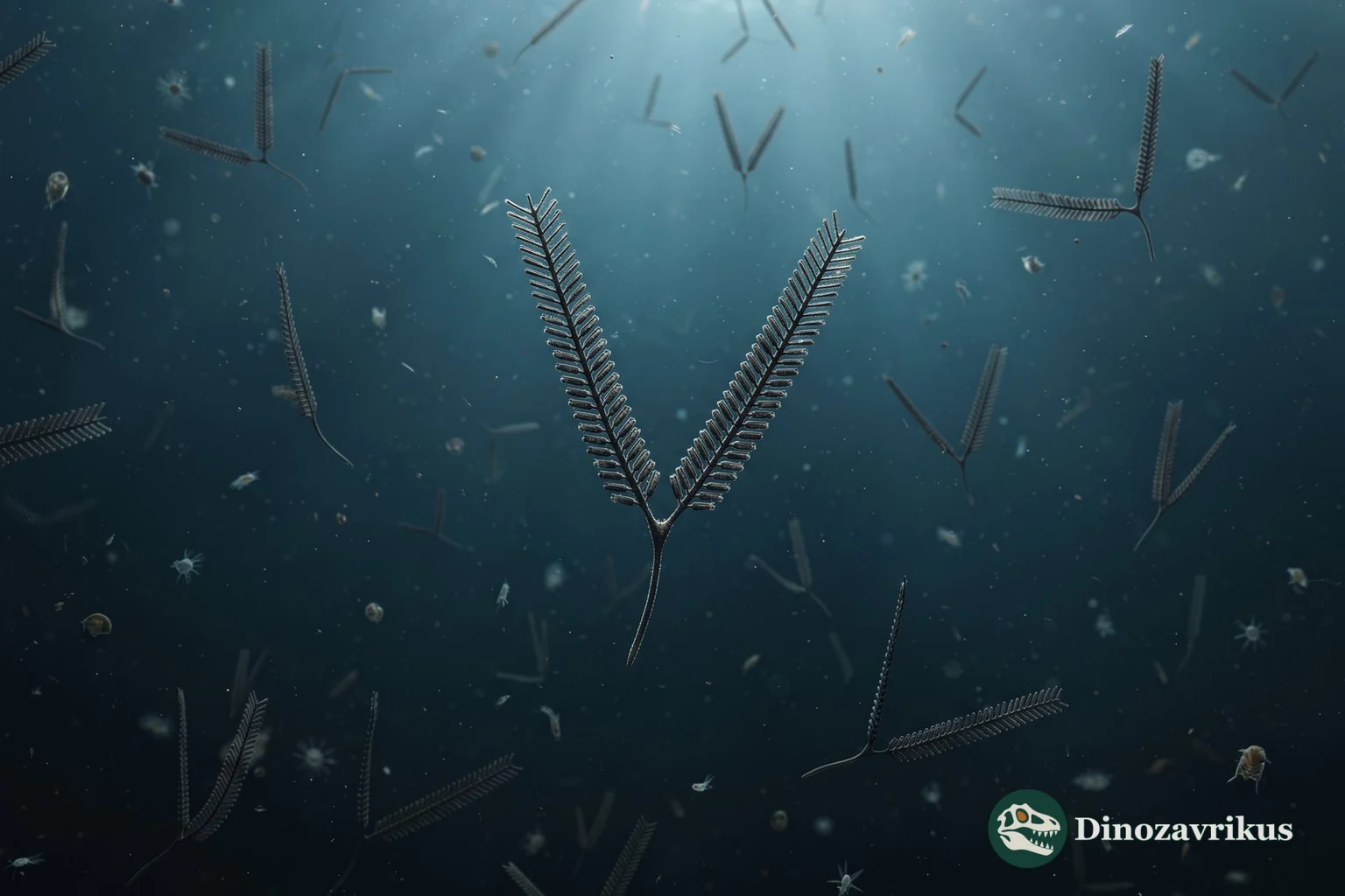 V-shaped Didymograptus colonies drifting in an Ordovician sea