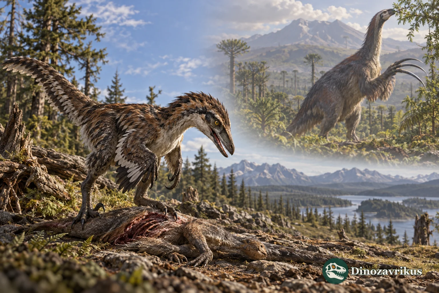A small predatory theropod and a distant plant-eating therizinosaur in a layered evolutionary scene