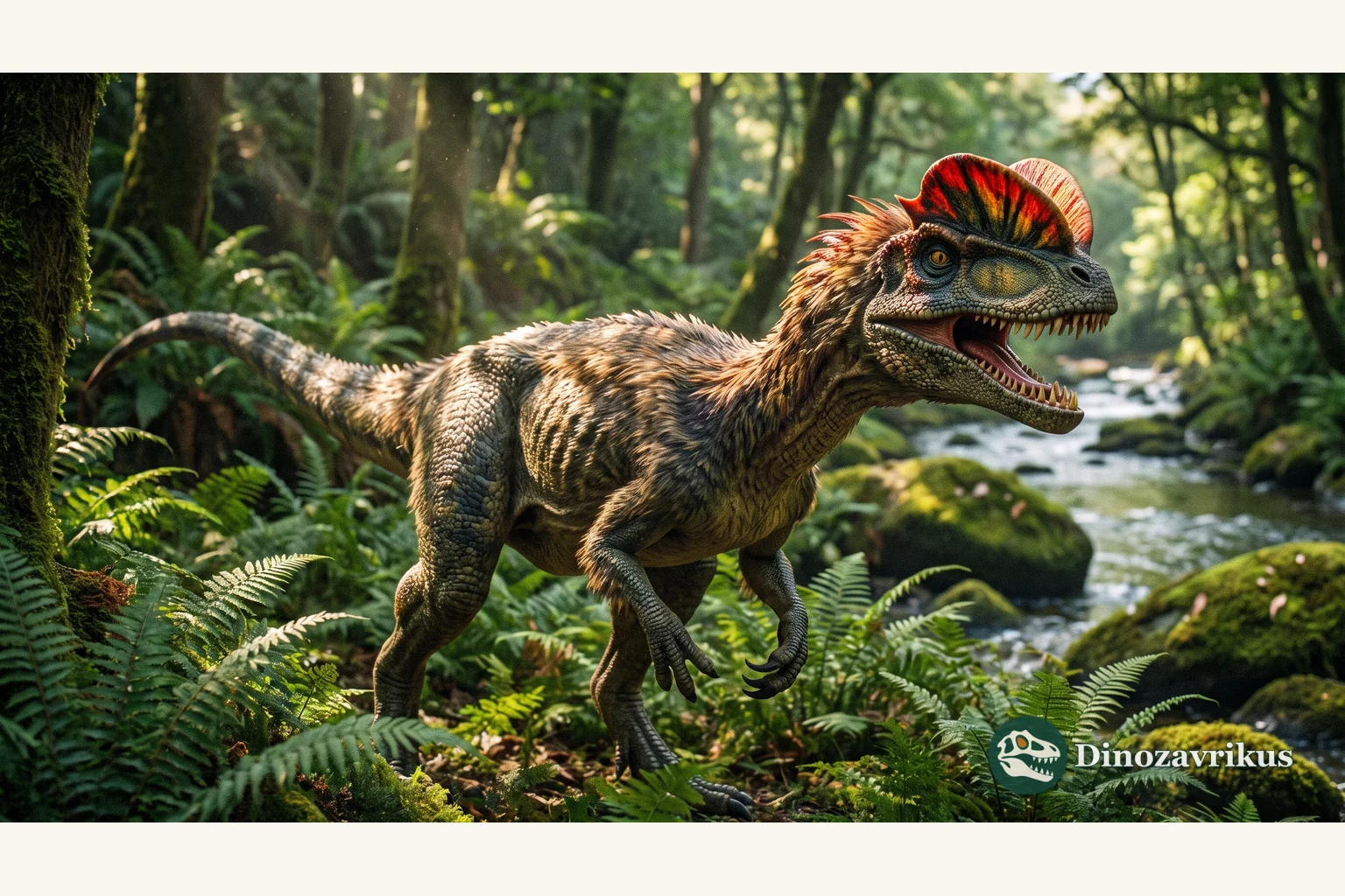 Dilophosaurus standing on a Kayenta Formation floodplain, with the paired bony skull crests clearly visible