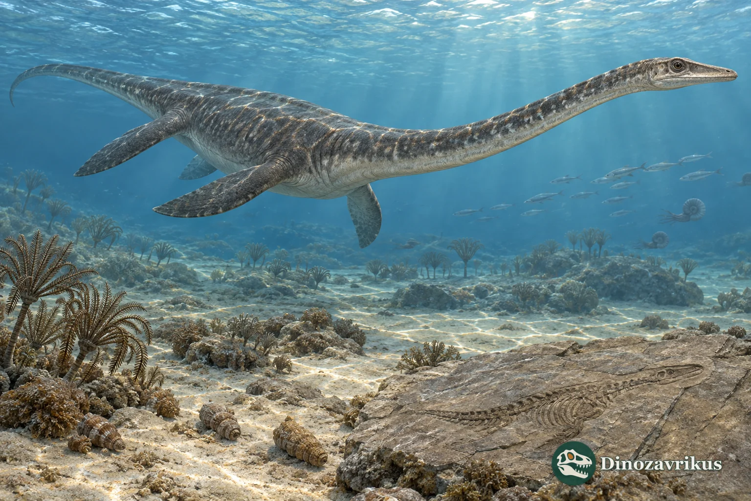 Long-necked Dinocephalosaurus swimming above a Triassic sea floor with a fossil slab in the foreground