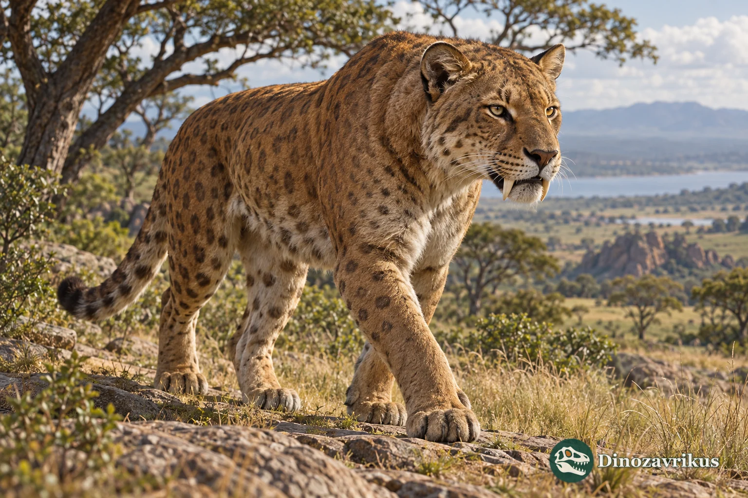 Artistic reconstruction of Dinofelis in an African Pliocene woodland and grassland