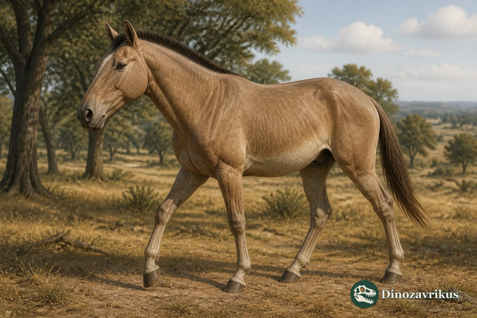 Dinohippus horse on an open late Miocene to early Pliocene North American landscape