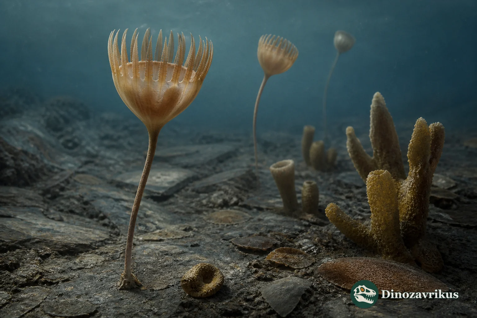 A fossil-based reconstruction of Dinomischus with an elongated stalk, cup-shaped body and crown of rigid bracts
