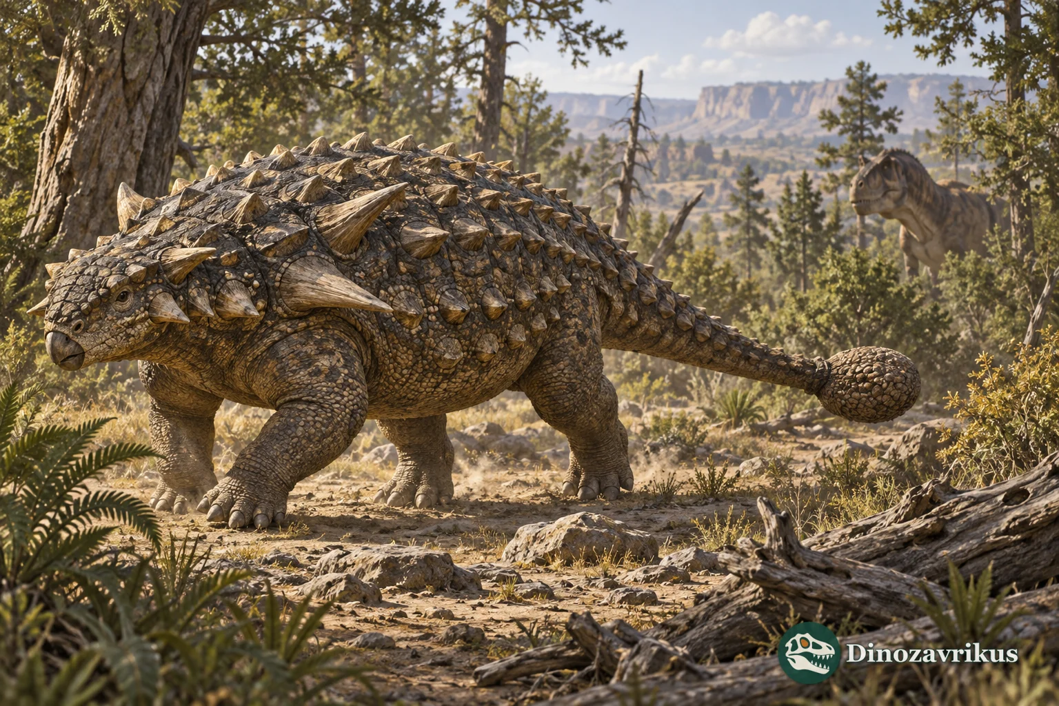 An ankylosaur with bony osteoderms and a tail club in a reconstructed Cretaceous forest