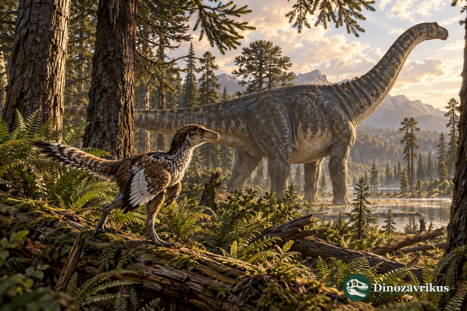 A small feathered theropod stands in the foreground while a sauropod moves through a Jurassic woodland