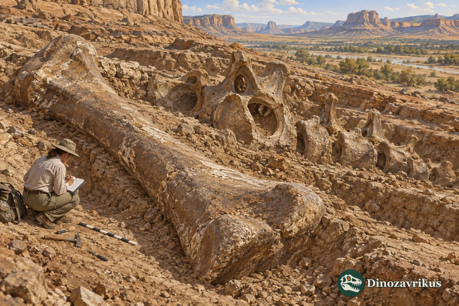 Large sauropod fossil bones documented by a researcher at an excavation