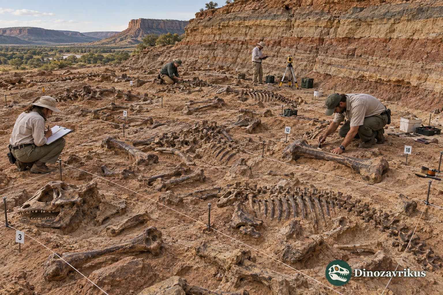 Mapped excavation of a dinosaur bonebed