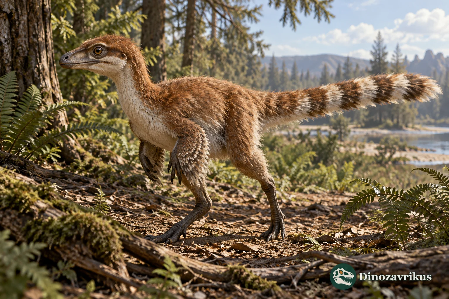 Small feathered dinosaur moving through a Cretaceous forest under mottled light