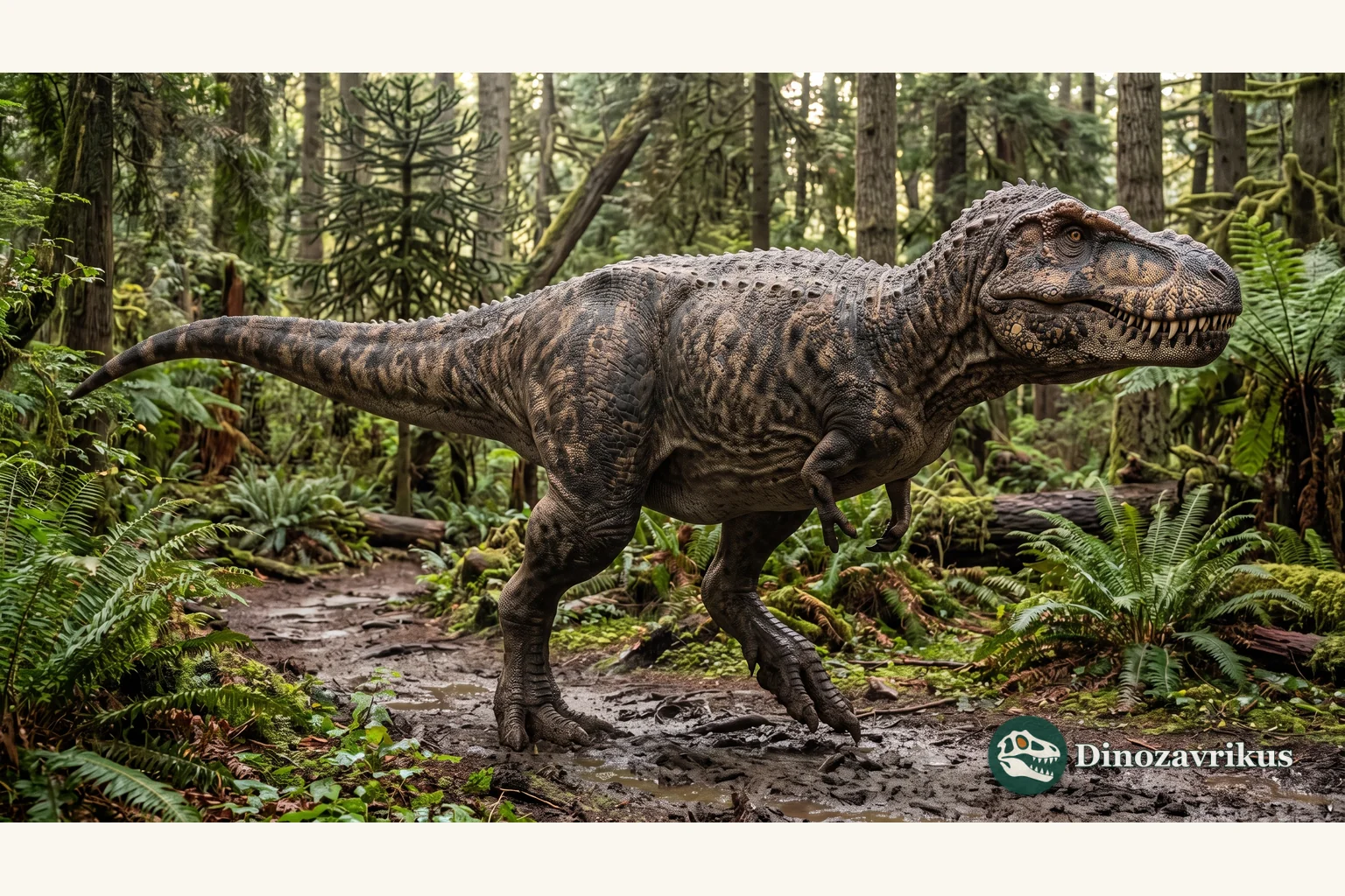 Illustrative Daspletosaurus reconstruction in a Cretaceous woodland