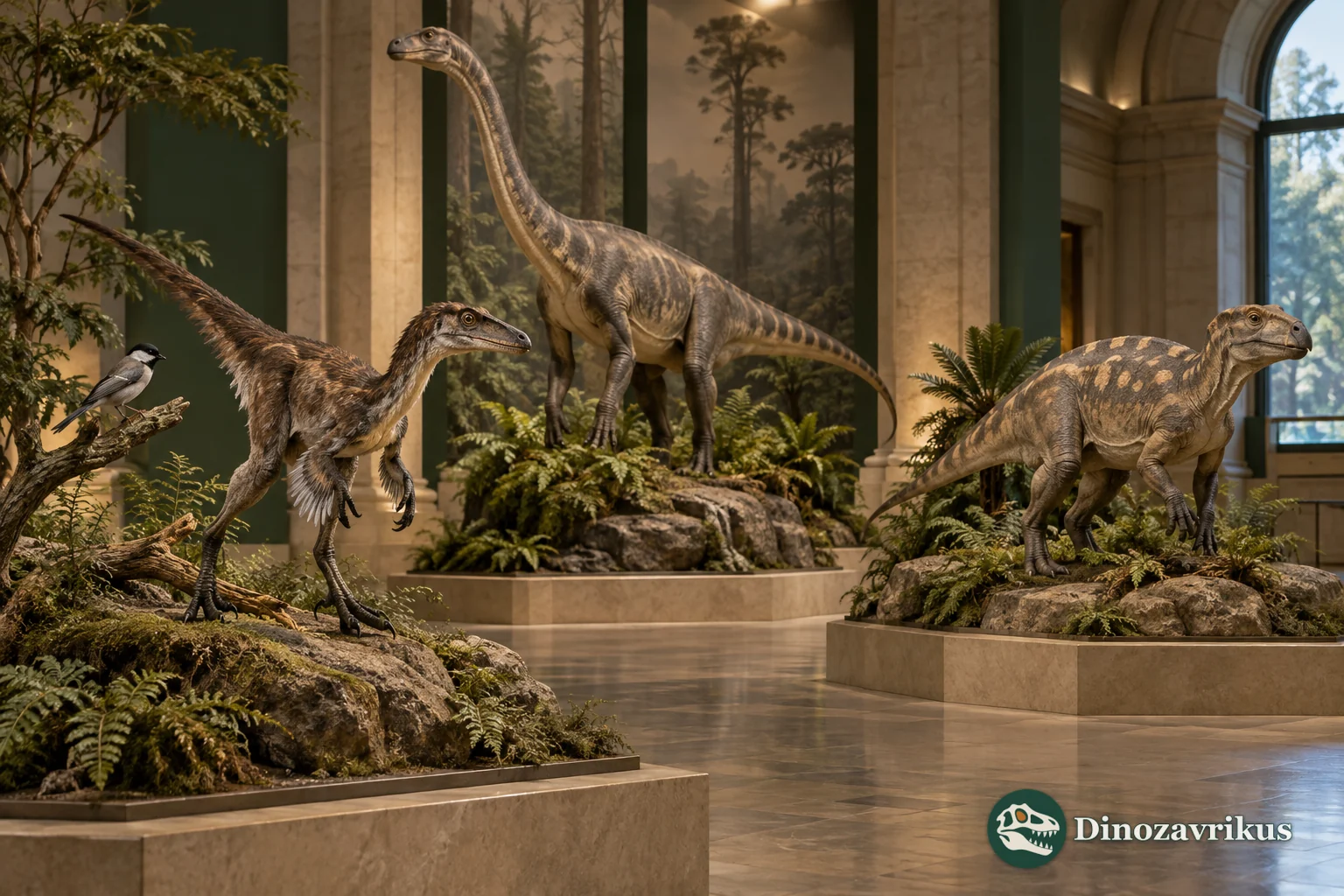Museum display comparing a feathered theropod, an early sauropodomorph and an early ornithischian, with a living bird beside the theropod