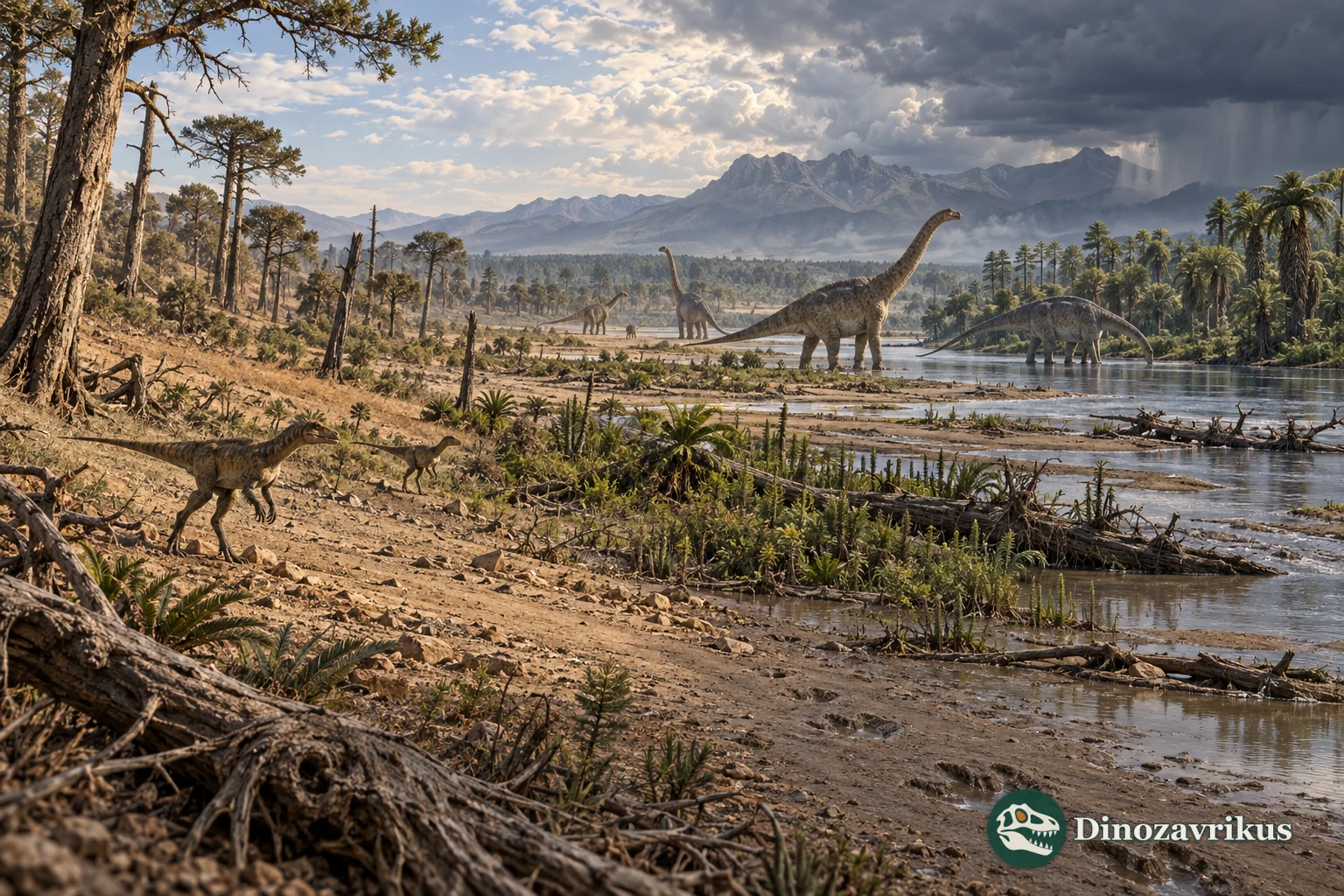 Dinosaurs crossing a seasonal floodplain between dry woodland and a river