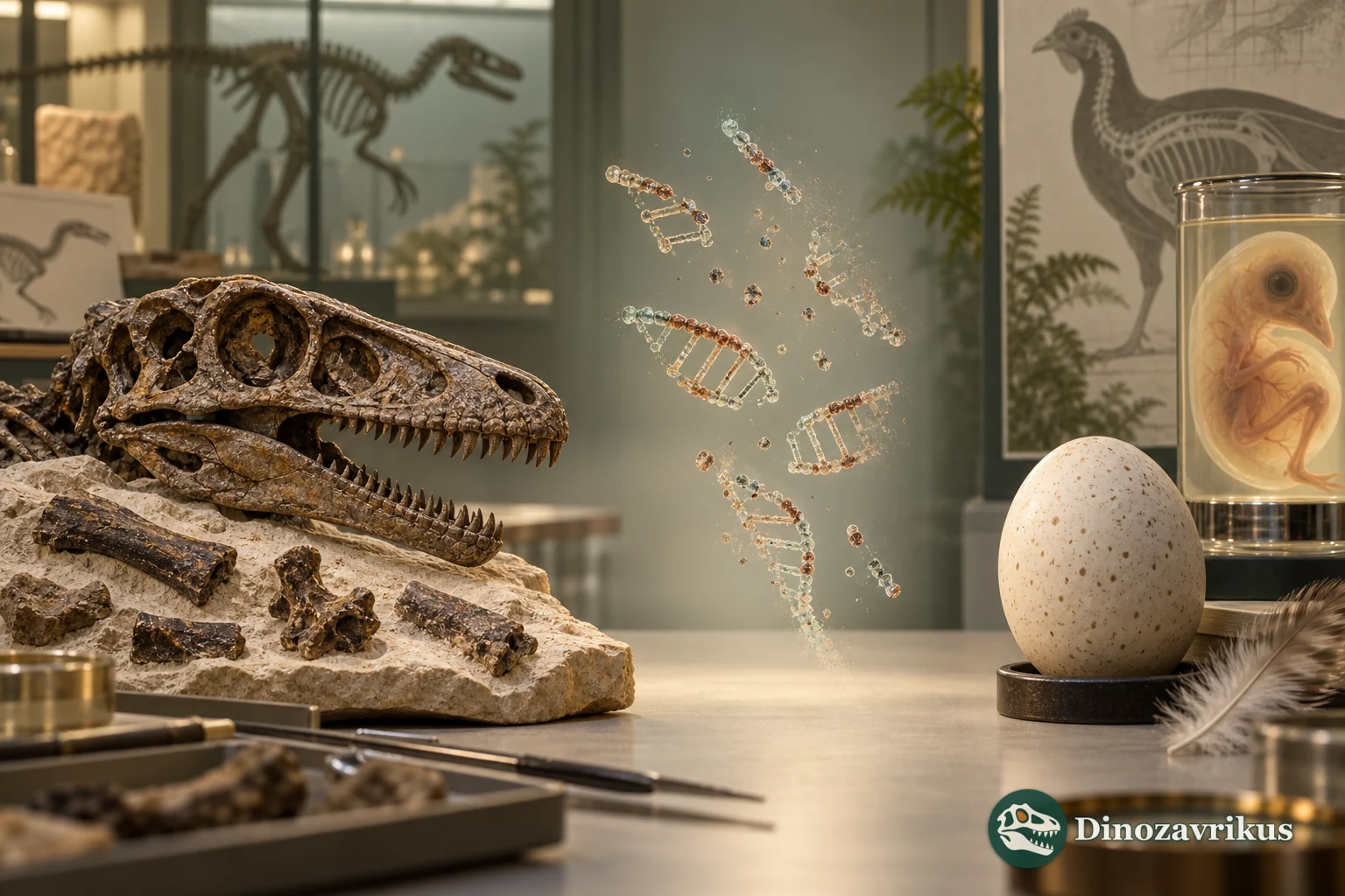 A fossil theropod skull, fragmented DNA and a bird egg arranged in a laboratory