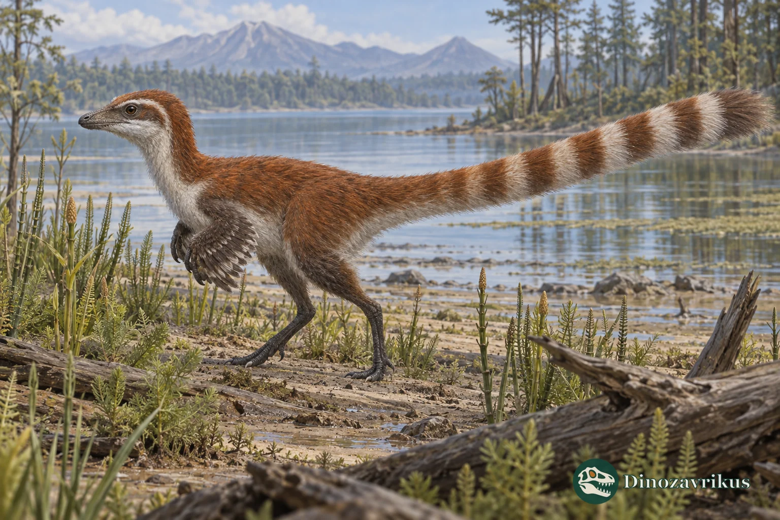 A feathered Jurassic theropod shown with a cautiously reconstructed striped tail
