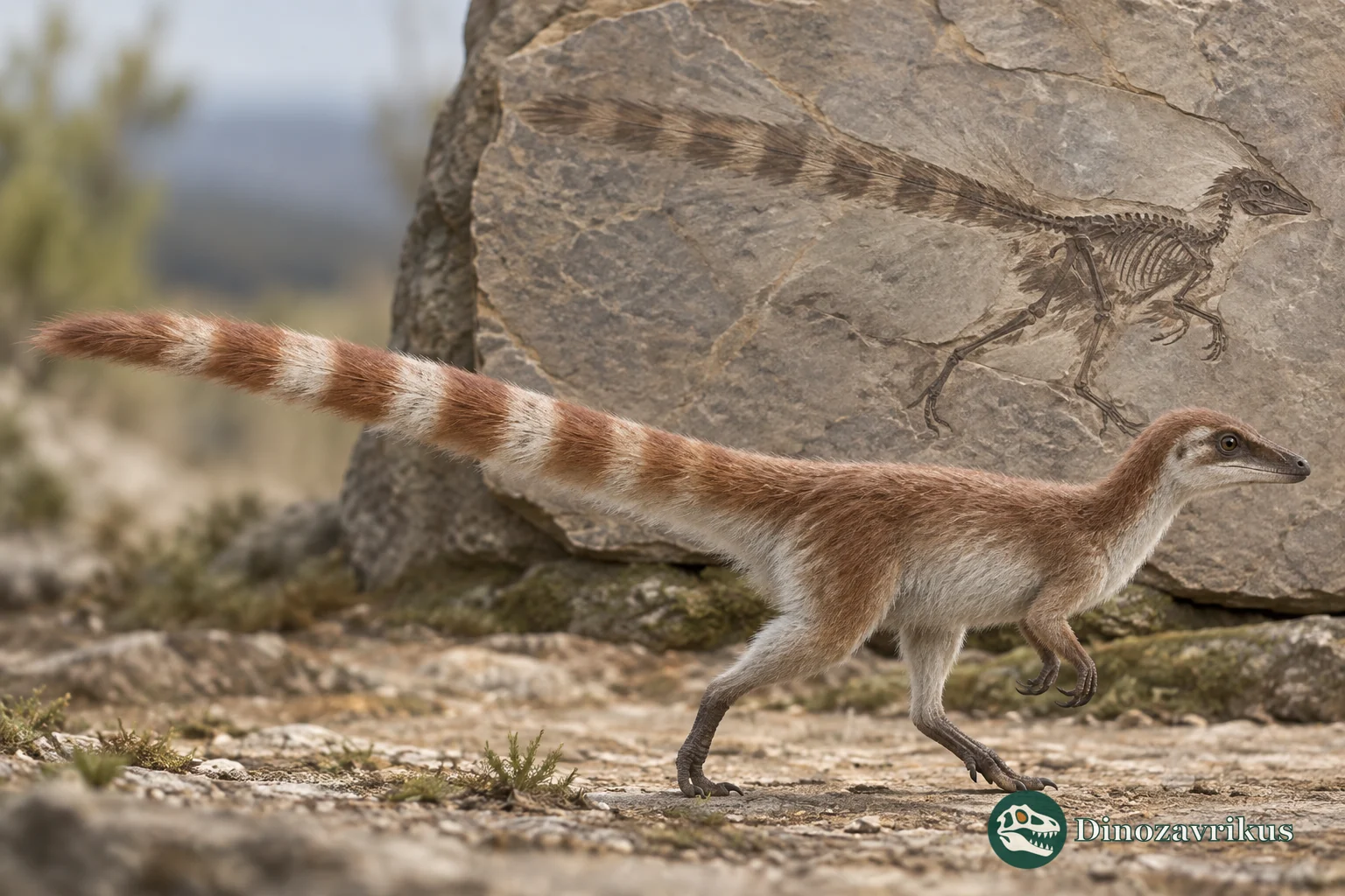 Sinosauropteryx with a restrained rust-and-cream banded tail beside a fossil impression