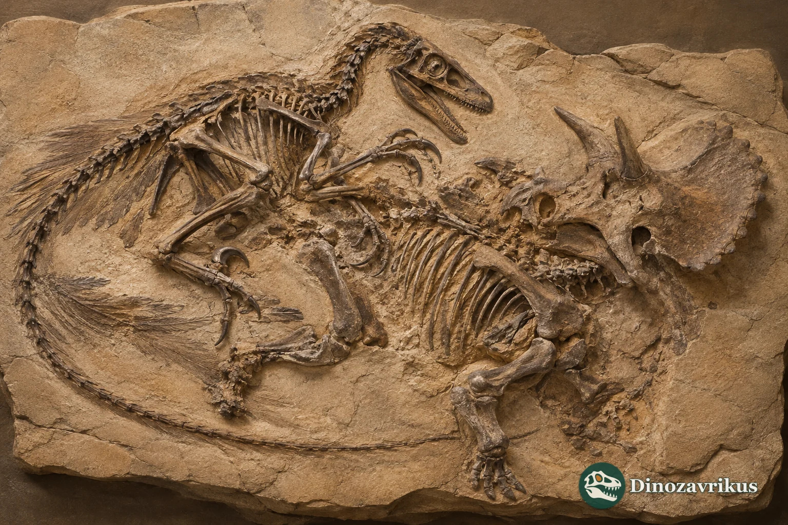 Fossilised skeletons of a dromaeosaur and ceratopsian preserved together in sandstone
