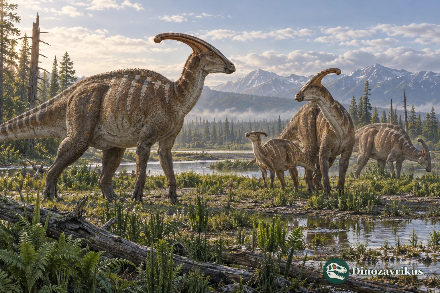 A group of hadrosaurs with cranial crests gathered near a Cretaceous wetland