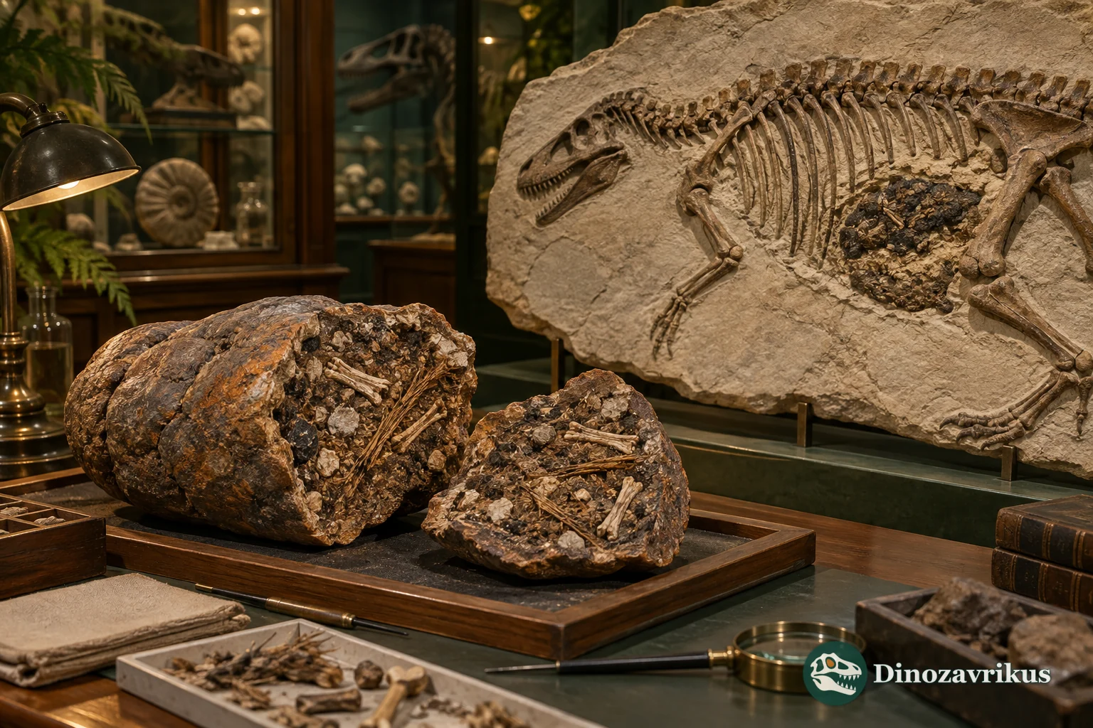 Fossil coprolite and dinosaur gut contents under examination