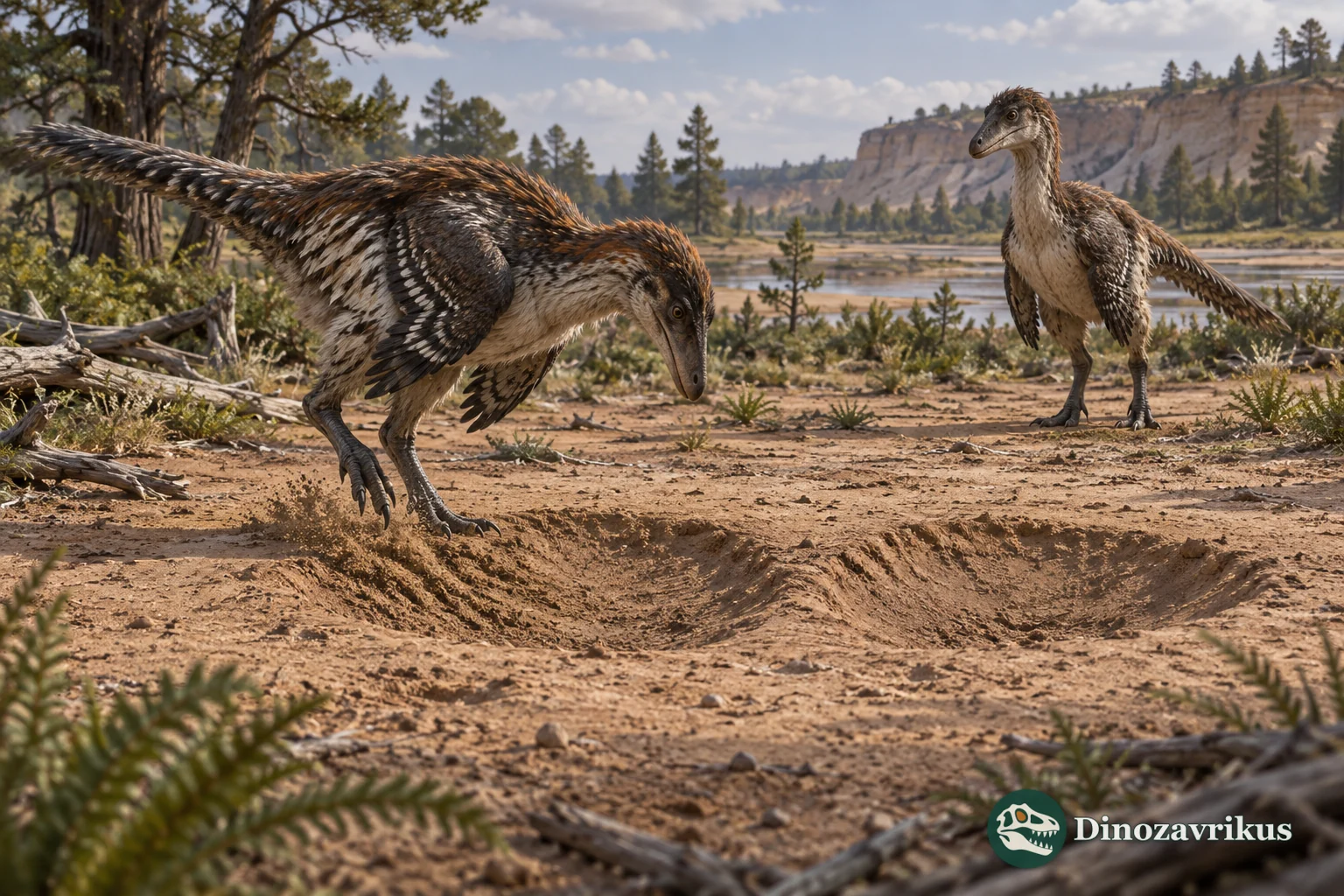 Two feathered theropods beside paired scrape marks in a Cretaceous landscape