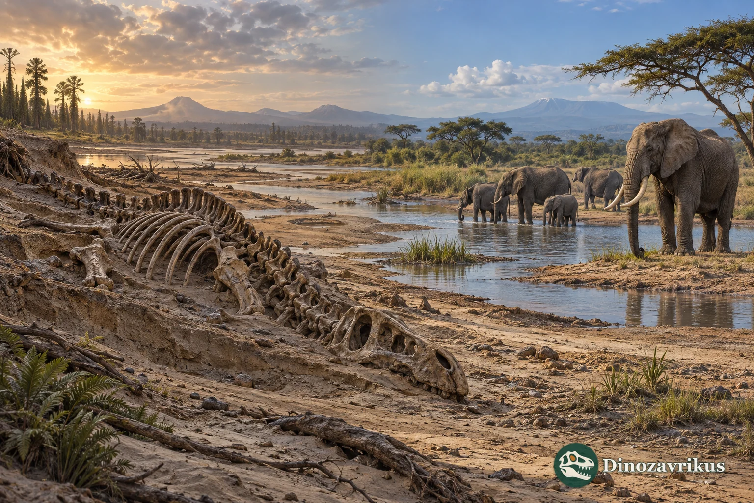 A weathered dinosaur skeleton partly exposed in floodplain sediment, with living African elephants at a distant waterhole