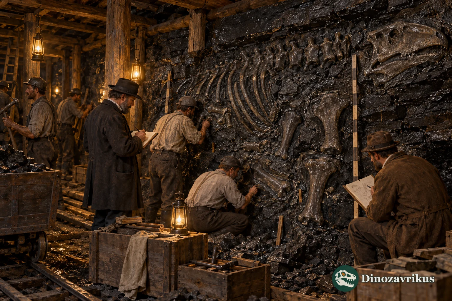 Workers excavate Iguanodon skeletons in the Bernissart coal mine