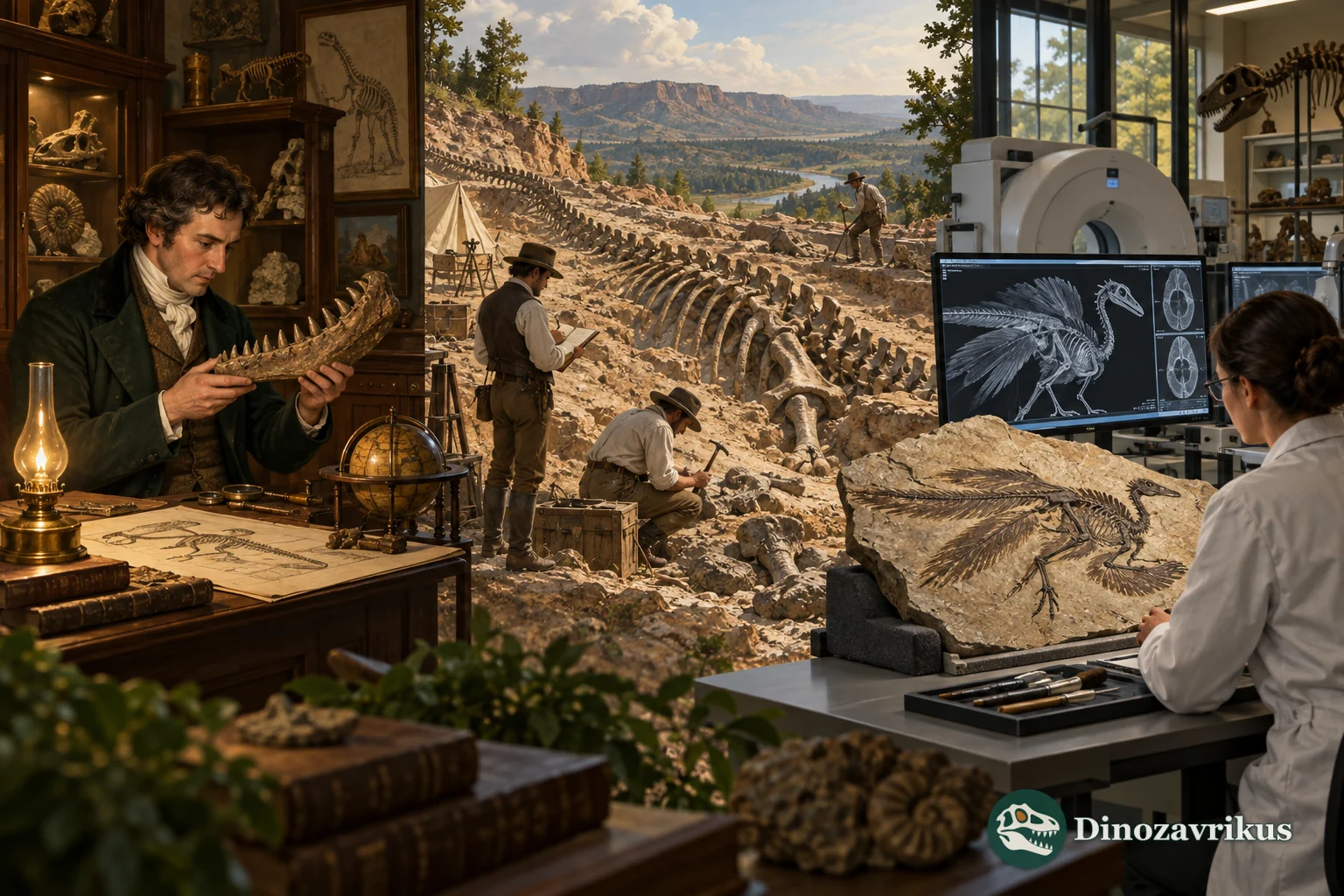 Two centuries of dinosaur discovery from a naturalist's study and field excavation to a modern laboratory