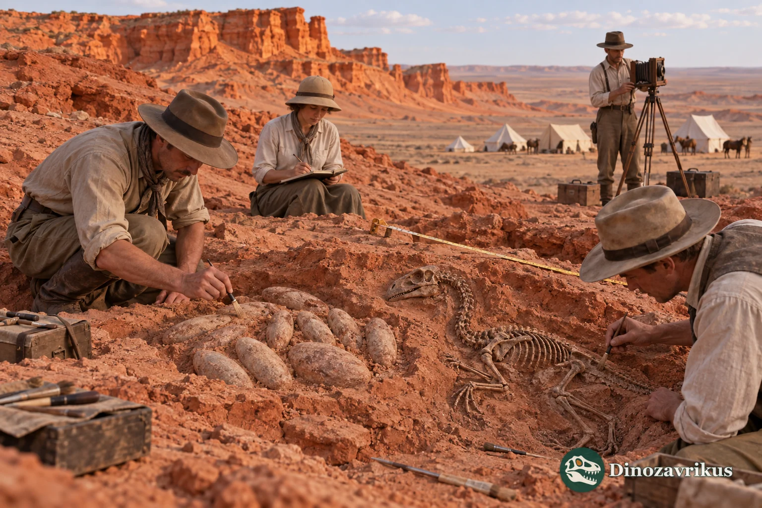 A field team documents a clutch and an oviraptorid skeleton in the Gobi Desert