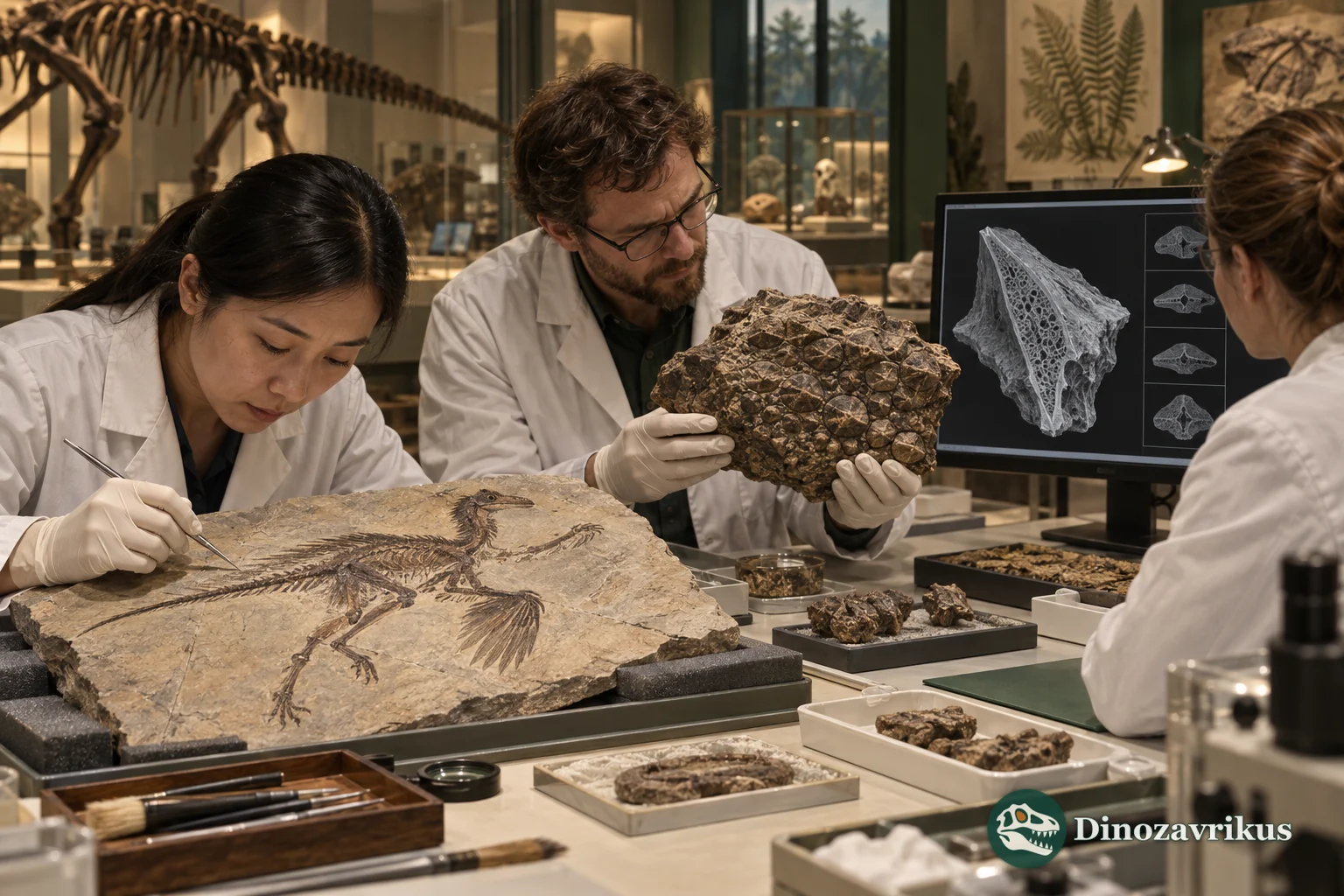 A modern laboratory studies fossil feathers, skin and internal structures