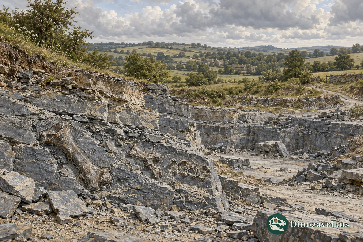 Rock layers exposed at an old quarry, a setting where early dinosaur fossils were collected