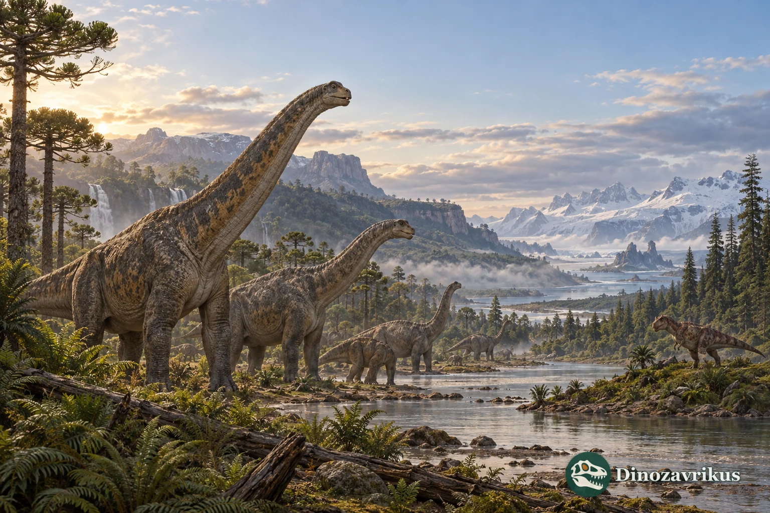 Late Cretaceous dinosaurs in a landscape evoking southern Gondwana