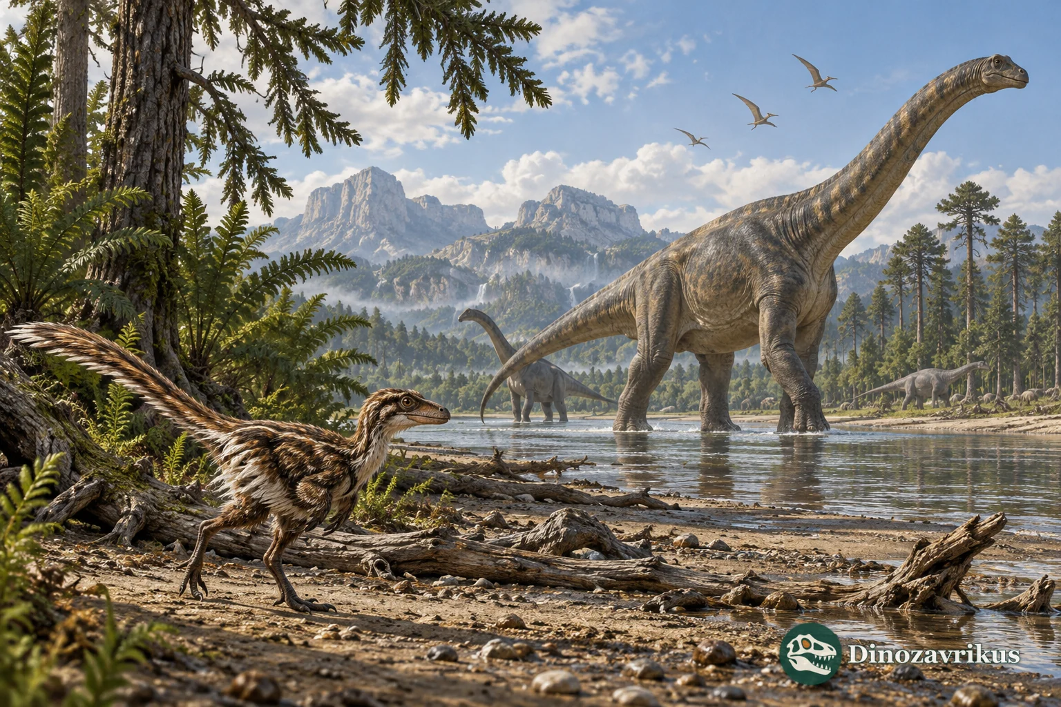 A small feathered dinosaur and sauropods share a forested river landscape with flying pterosaurs