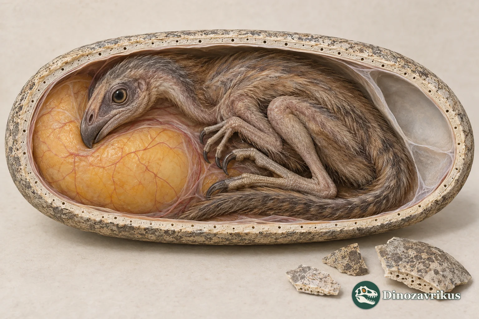 Reconstructed cutaway of a dinosaur egg with embryo, membranes and porous shell