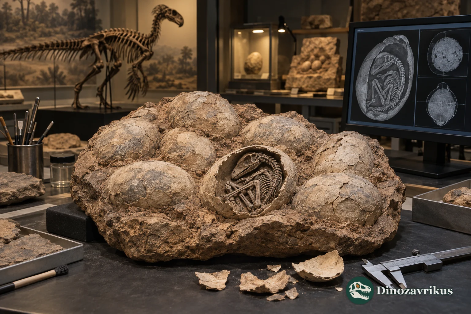 A fossil dinosaur egg, shell fragments and an embryo being examined in a palaeontology laboratory
