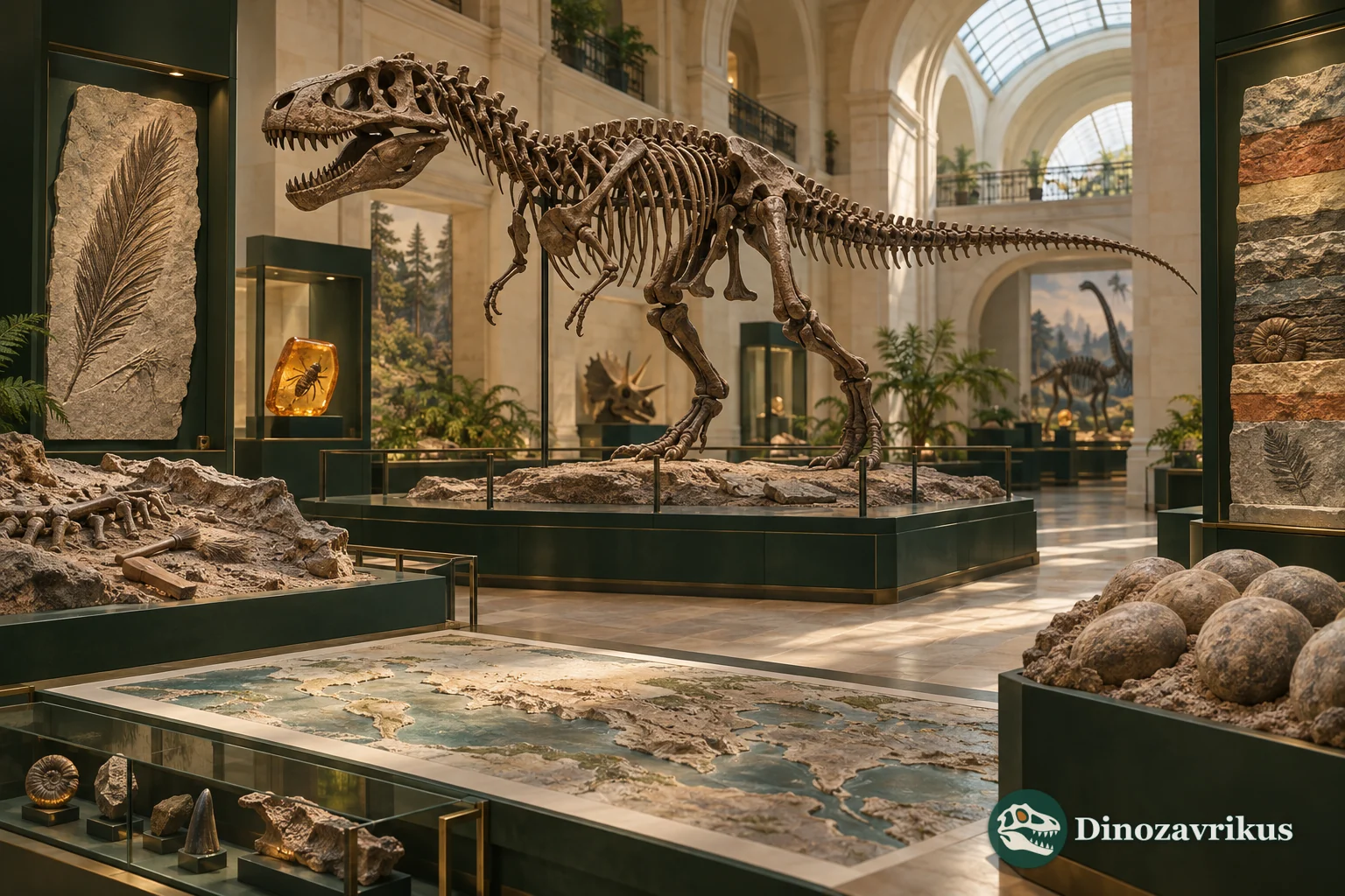 A natural history museum encyclopedia hall with a theropod skeleton, fossils, eggs, amber and a map of discoveries