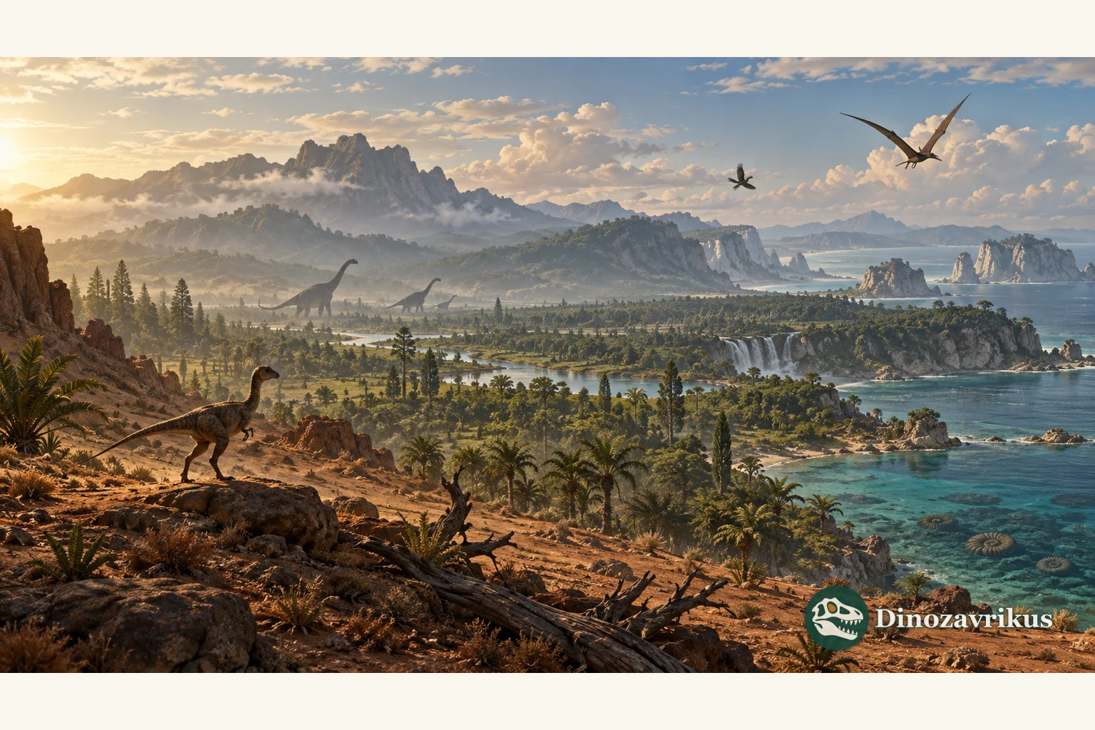 Reconstructed Mesozoic landscape with dinosaurs, a pterosaur and coastal waters