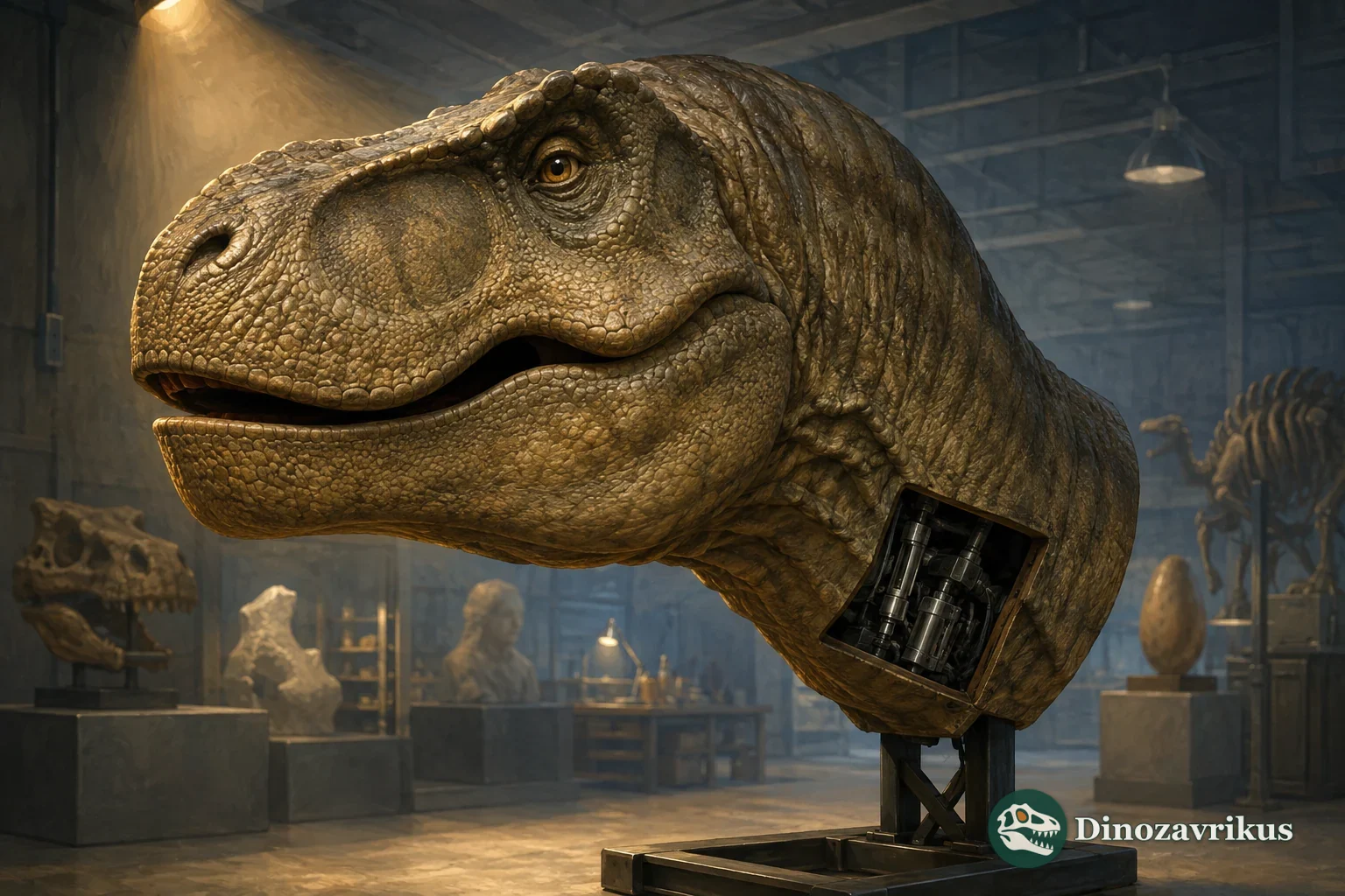 A close view of a robotic tyrannosaur model in a museum workshop