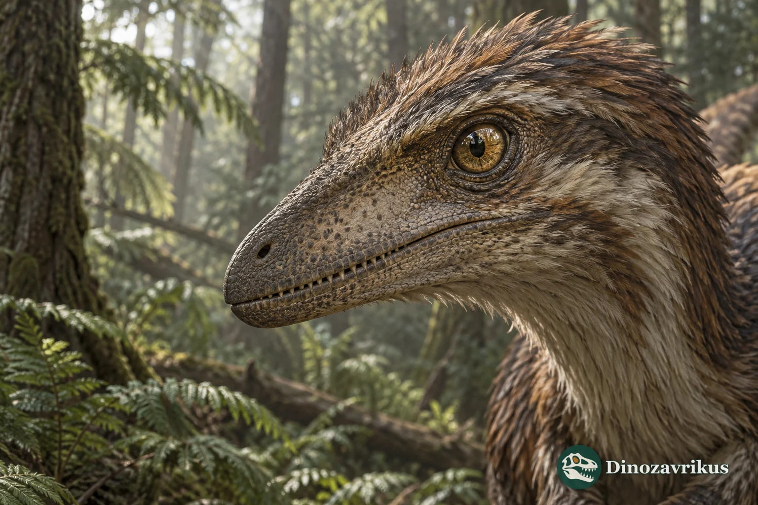 Close view of a feathered theropod eye in a shaded Cretaceous woodland
