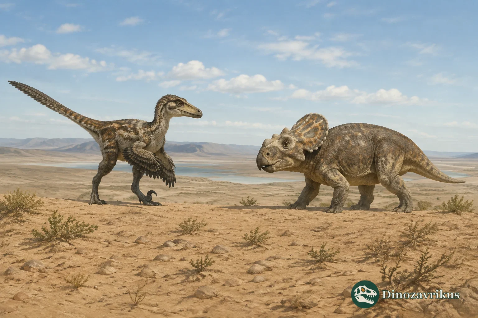 Artistic reconstruction of a Tyrannosaurus facing a Triceratops in a Cretaceous floodplain