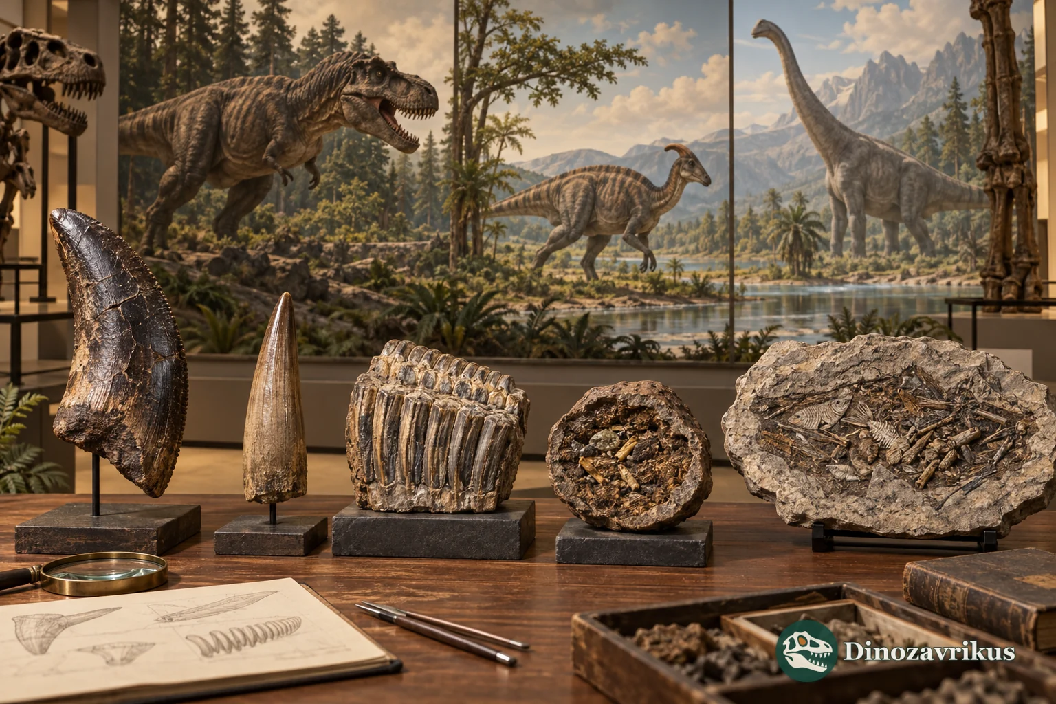 Fossils and reconstructions displayed in a museum gallery