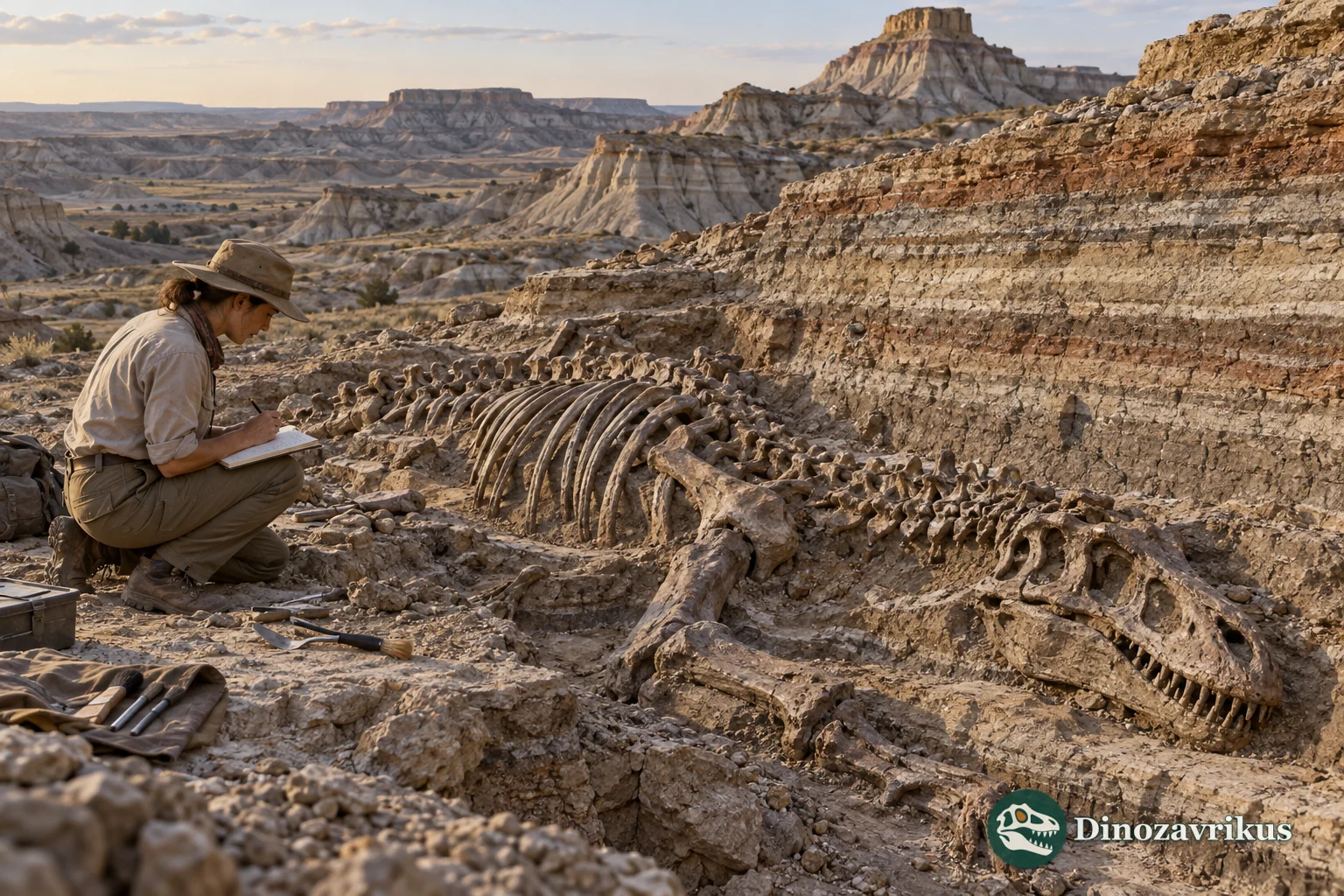 Palaeontologist documenting dinosaur bones exposed in layered rock