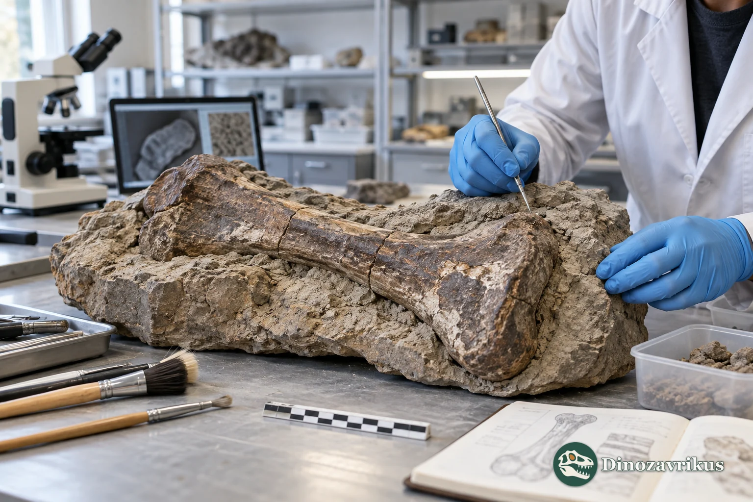 Palaeontologist documenting a dinosaur fossil in a museum preparation laboratory