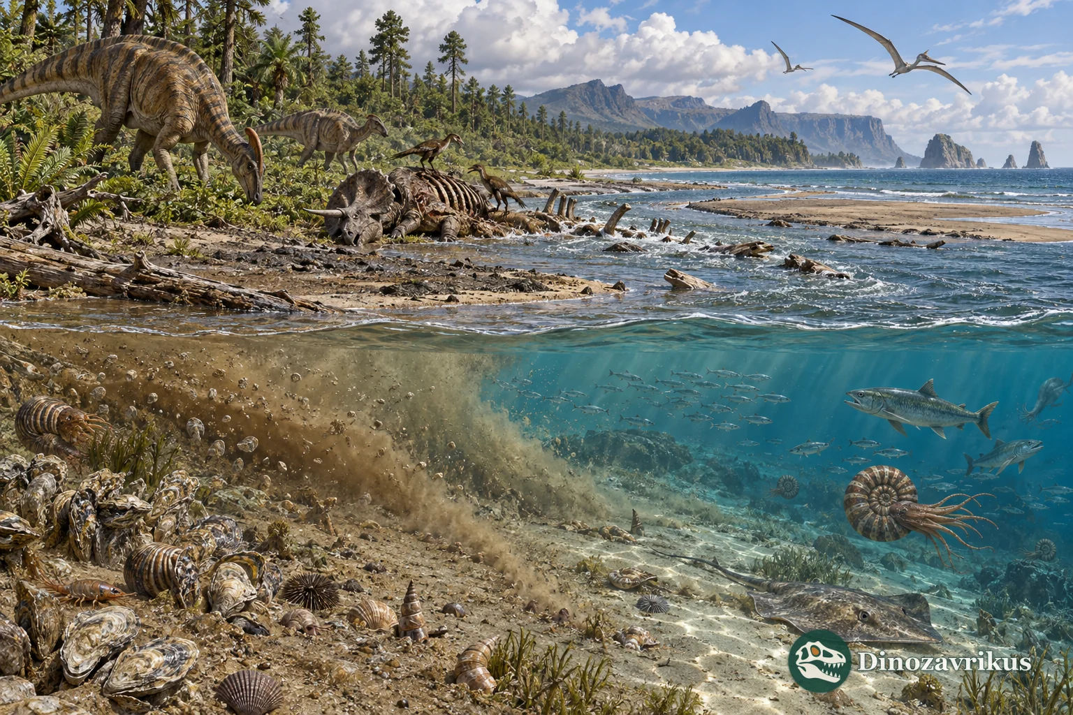 A dinosaur carcass and bones move from a coastal floodplain into shallow marine water
