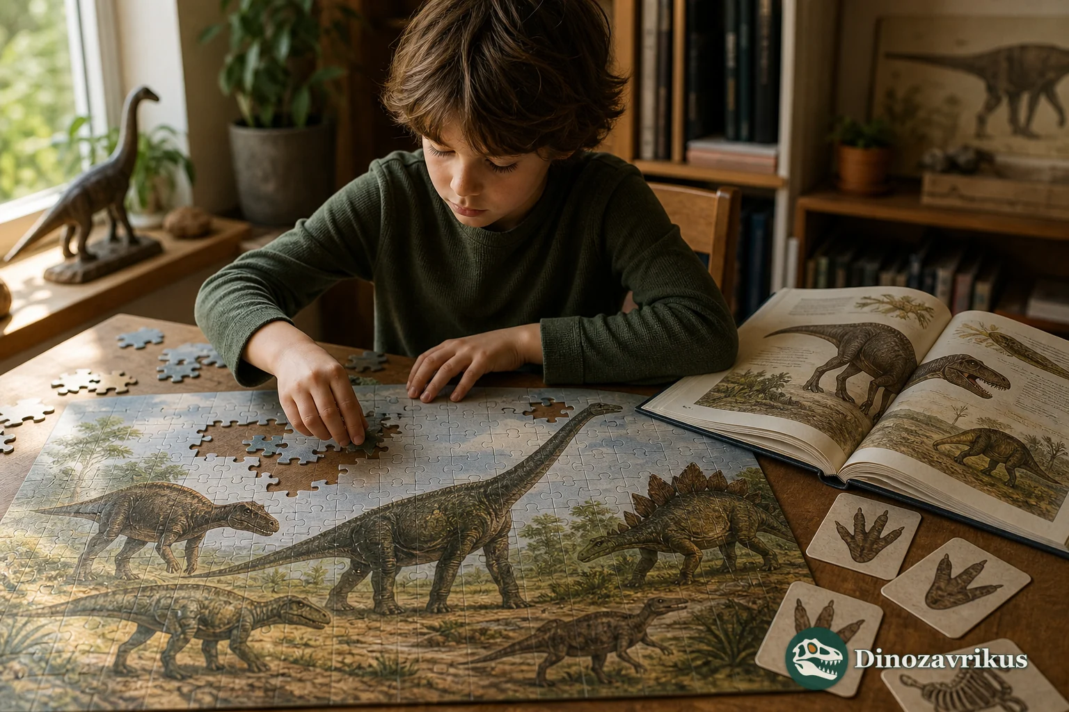 A child exploring a dinosaur puzzle beside an illustrated fossil book