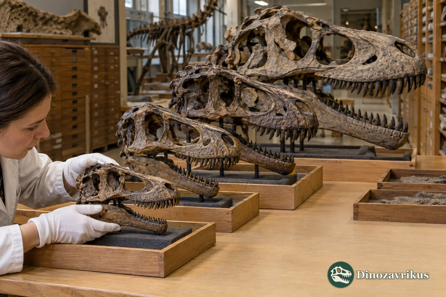 A museum curator comparing several related theropod dinosaur skulls