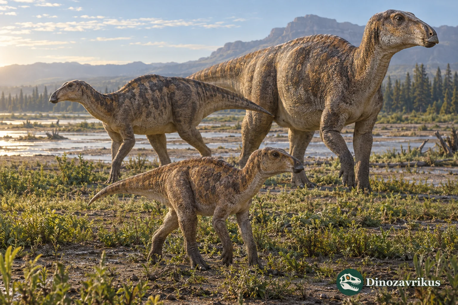 Three life stages of a hadrosaur on a Late Cretaceous floodplain