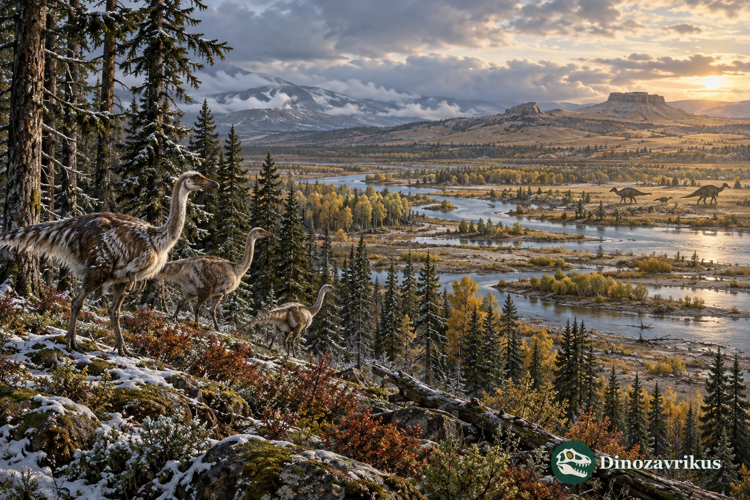 Feathered dinosaurs in a cool conifer woodland beside a Cretaceous river floodplain