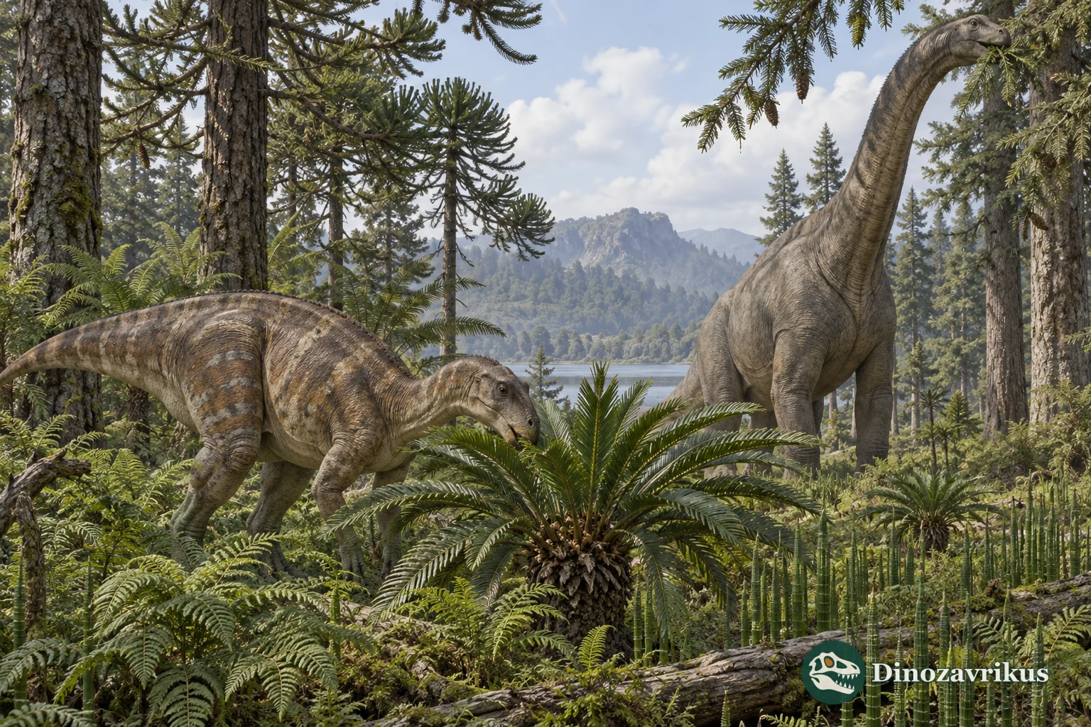 A medium-sized ornithischian browsing a cycad beside a sauropod feeding from conifer branches