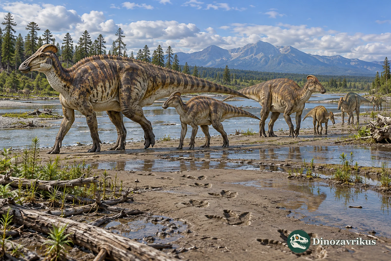 A mixed-age group of hadrosaurs walking across a Cretaceous floodplain beside trackways